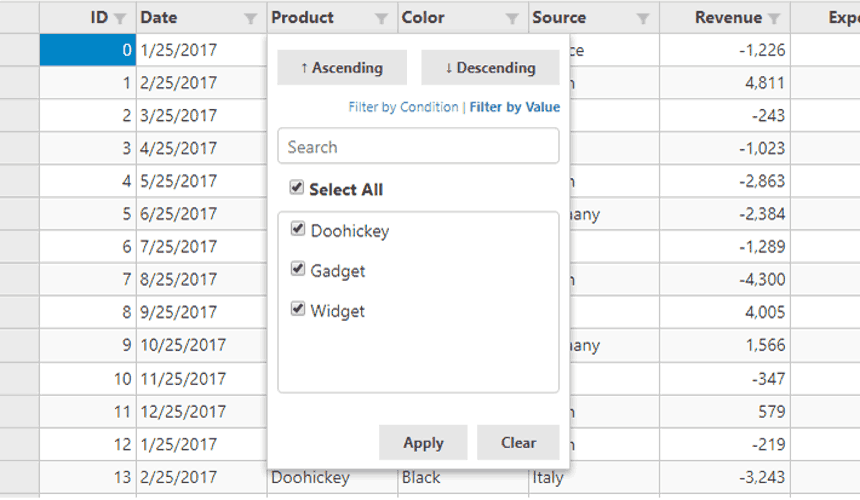 FlexGrid’s Excel Like Filtering - Enable filtering on any column's data by condition or value. FlexGrid supports drop-down filters in the column headers like Microsoft Excel with special filter editors for different data types.