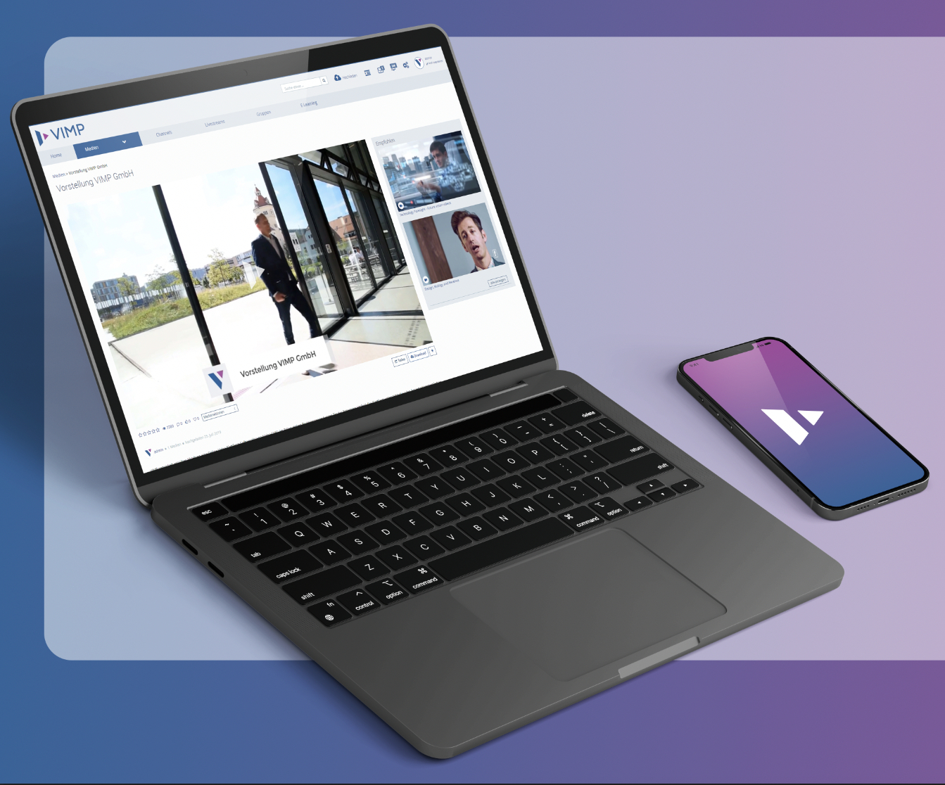 VIMP screenshot: The image shows a video page in the VIMP video platform software on a laptop screen.
