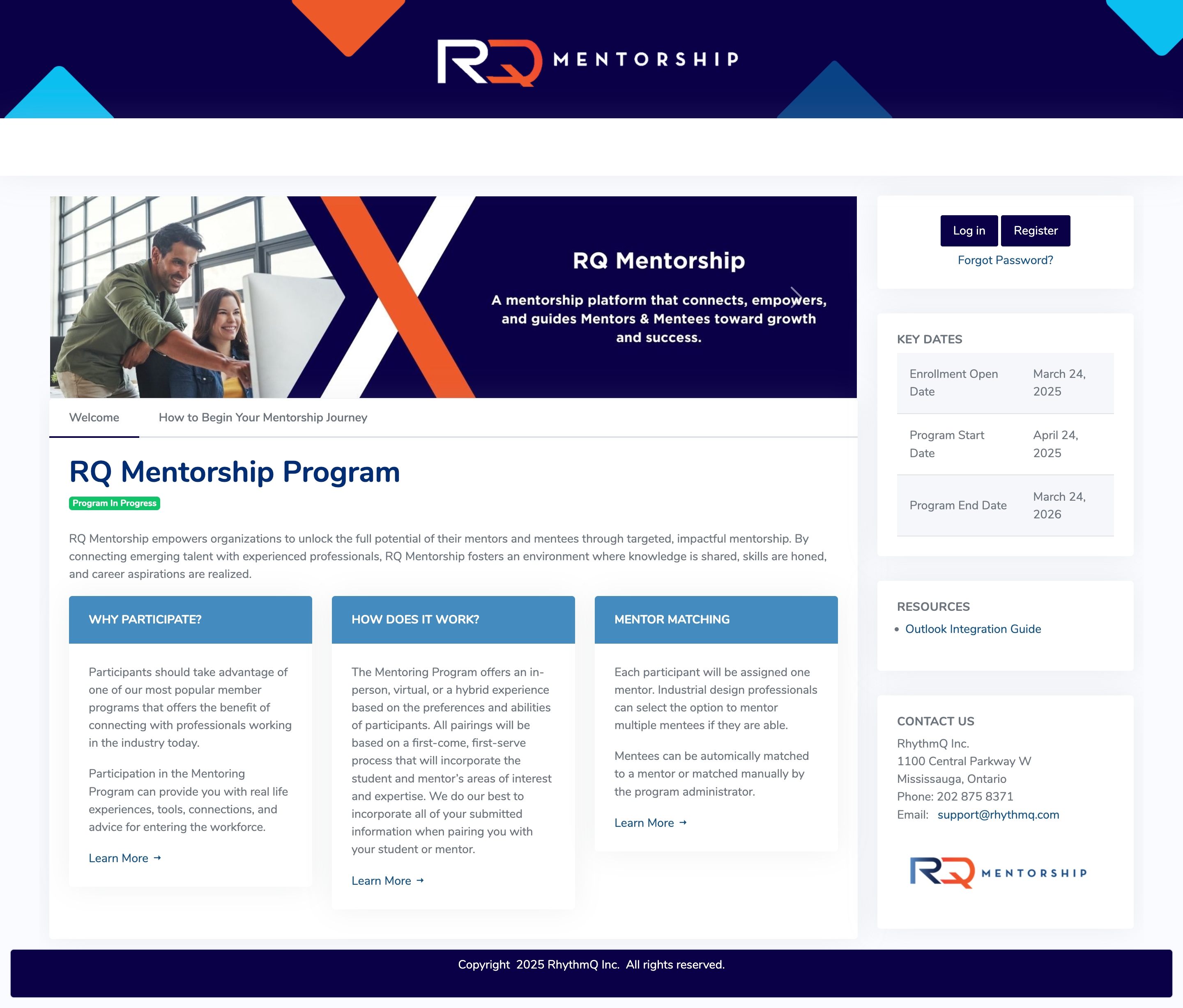 RQ Mentorship screenshot: A customized welcome page branded with your organization’s logo, colors, and style. The page features a custom domain, rotating banners, embedded video, and helpful widgets — all designed to guide mentors and mentees and set them up for success.