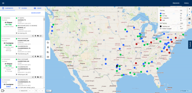 Trimble Freight Visibility screenshot: Trimble Freight Visibility shipments