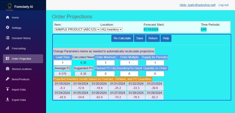 Order Projections screen