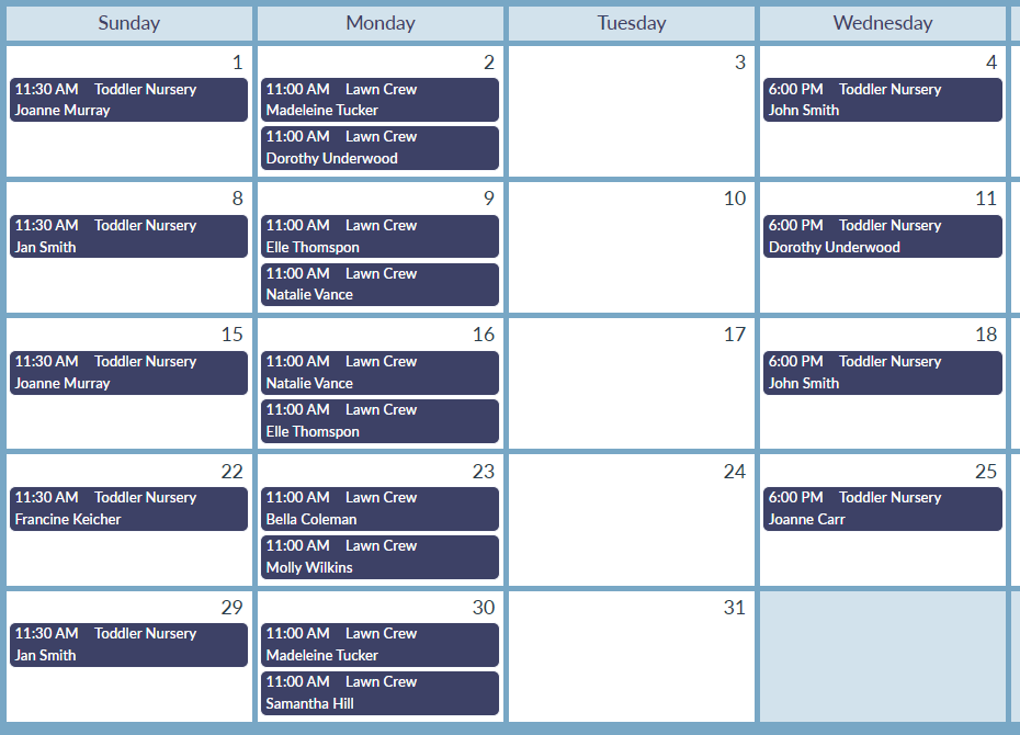 The Church CREW screenshot: Clearly see all the volunteer opportunities and who is assigned. Click on a name to re-assign as needed!