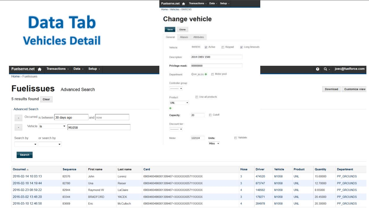 A data tab provides vehicle details