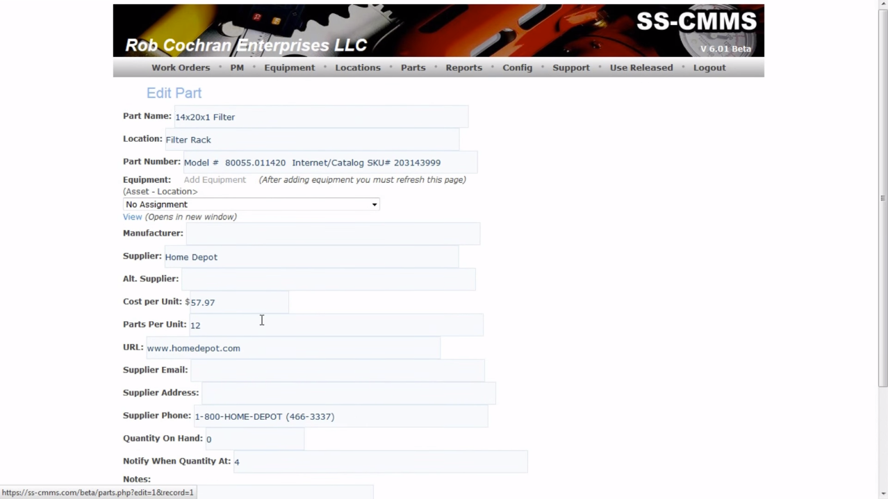 SS-CMMS Software - Edit parts information and get alerts when low