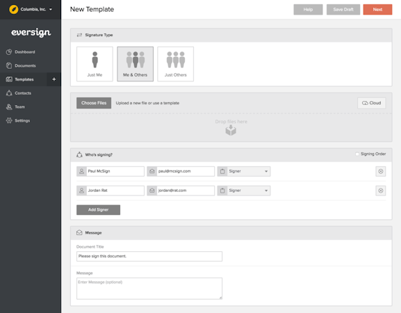 eversign screenshot: Complete forms or contract templates