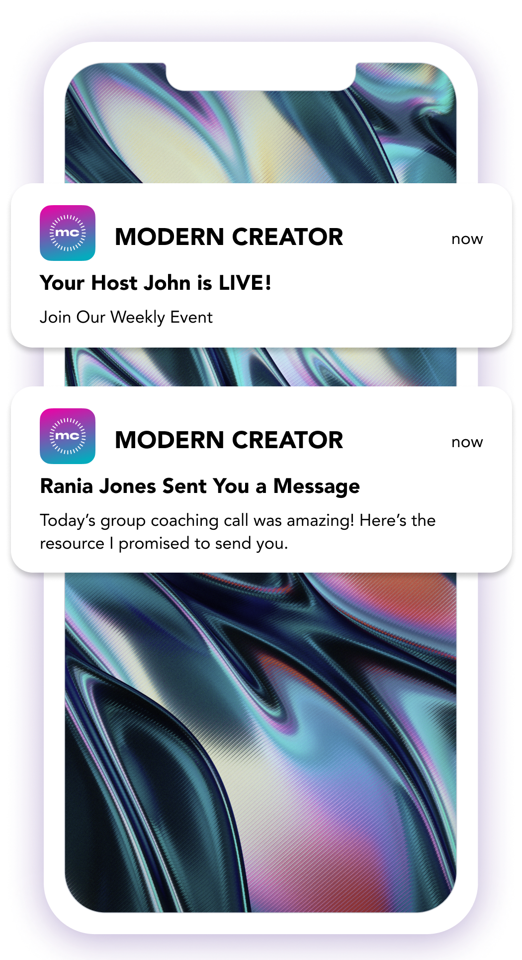 Your members get your branded mobile notifications, building a habit around your community that keeps them engaged.  It's your logo, your name, and your brand on every message. This lifts retention, boosts course completion rates, and builds your brand.