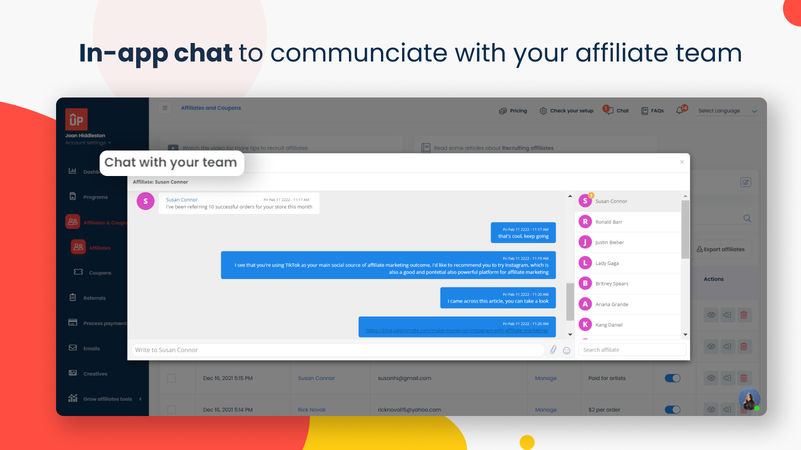 UpPromote: Affiliate Marketing Software - In-app chat to communicate with your affiliate team