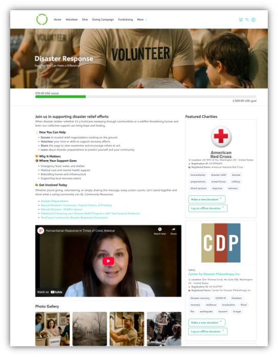 YourCause screenshot: Robust Disaster Relief resources and functionality empower you to respond to moments that matter with ease and speed.  