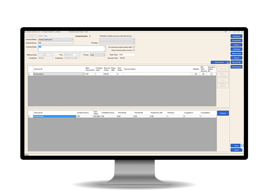 The HindSite Solution screenshot: Contract management interface for scheduling and tracking services