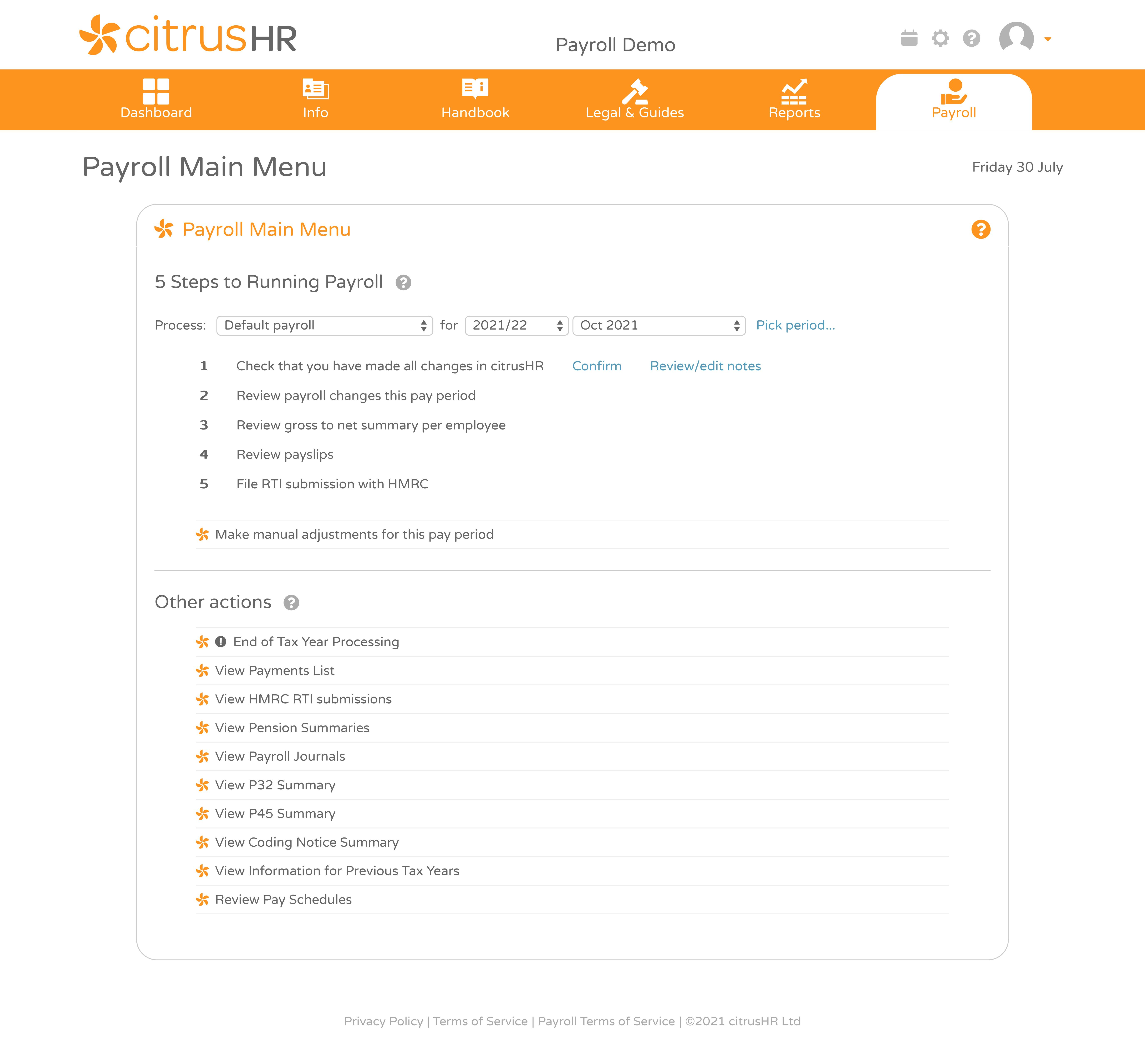 citrusHR Software - Payroll main menu with five easy steps to complete the payroll process