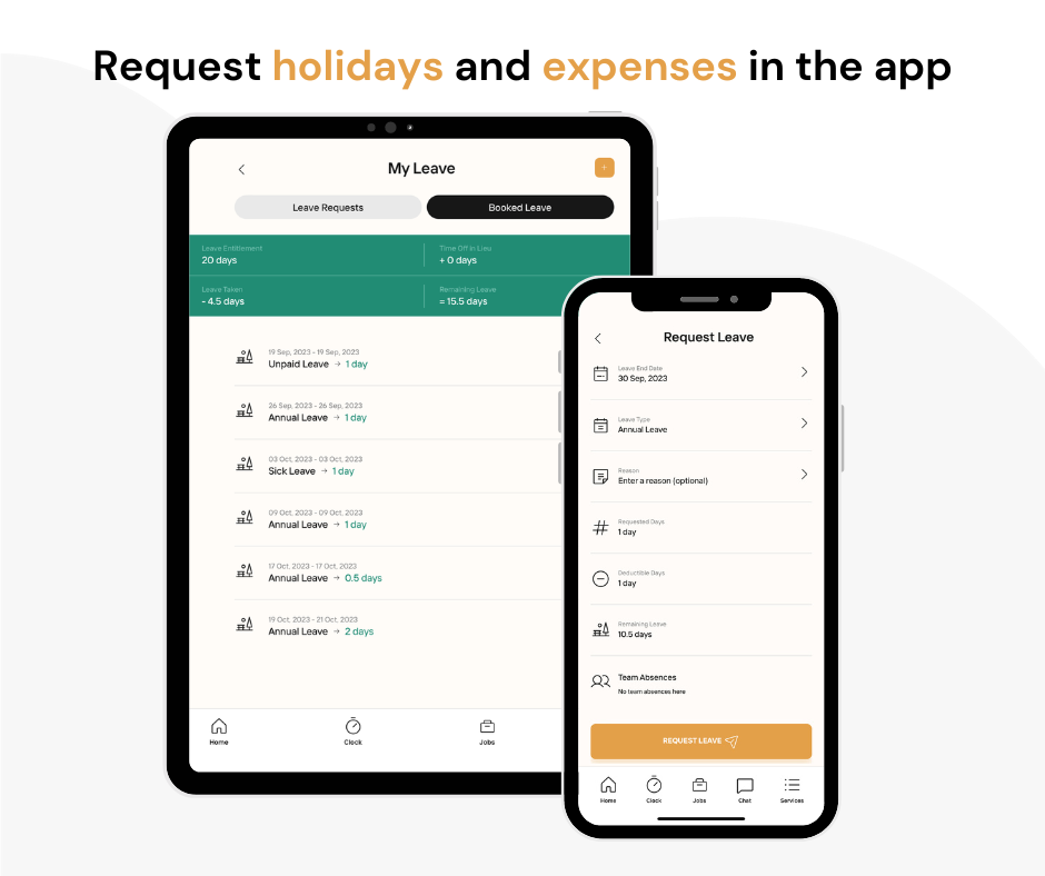 Leave and expense requests can be made via the TimeKeeper app