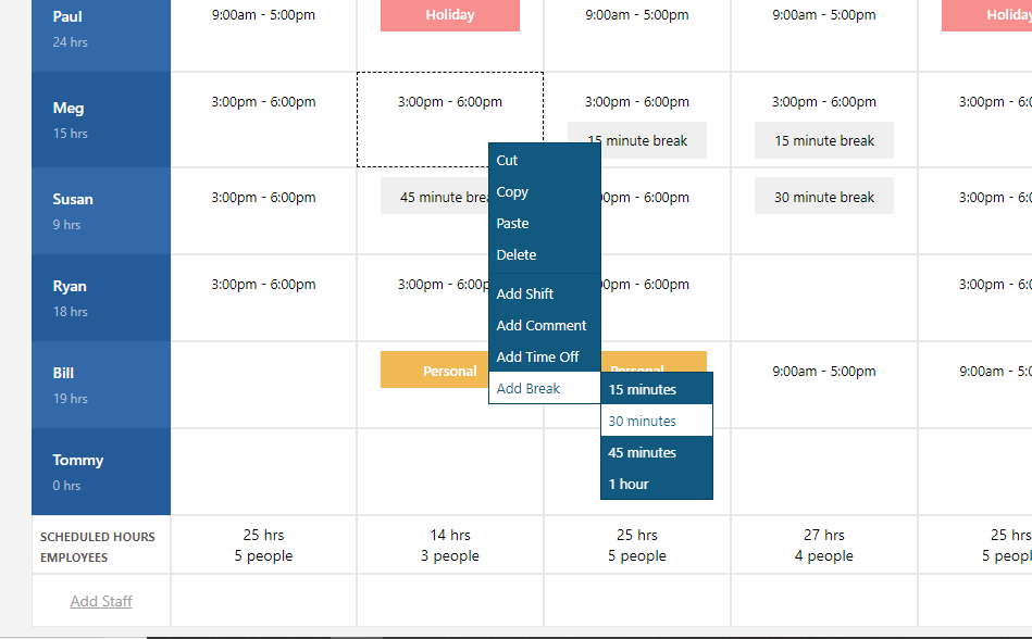 Brisk Table Employee Scheduling screenshot: Brisk Table Employee Scheduling add breaktime