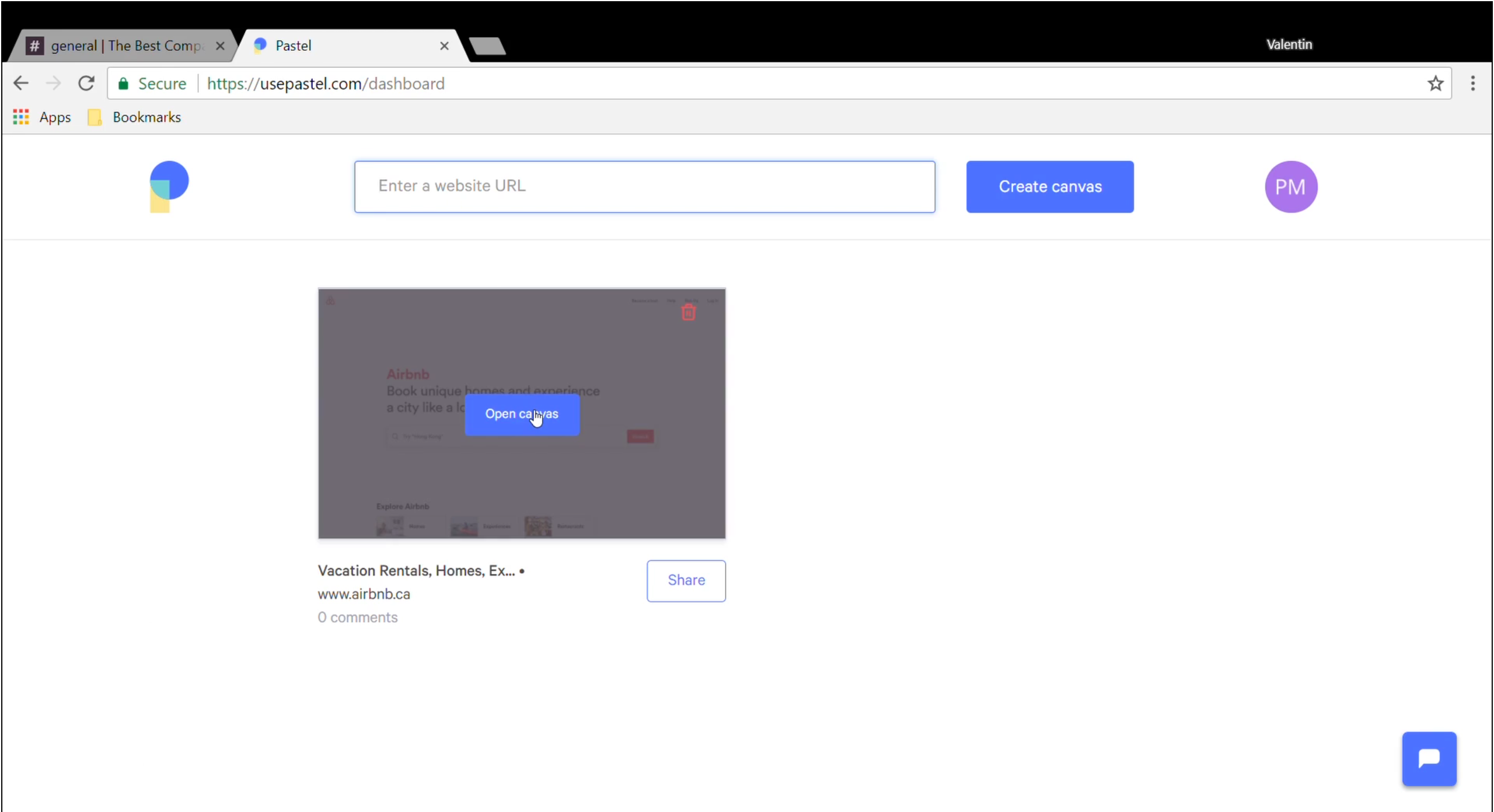 Pastel screenshot: Users create a "canvas" for a live website by entering its URL, generating a thumbnail preview that can be shared or clicked through to visit