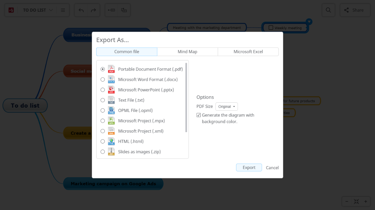 Mindomo Software - Multiple export formats