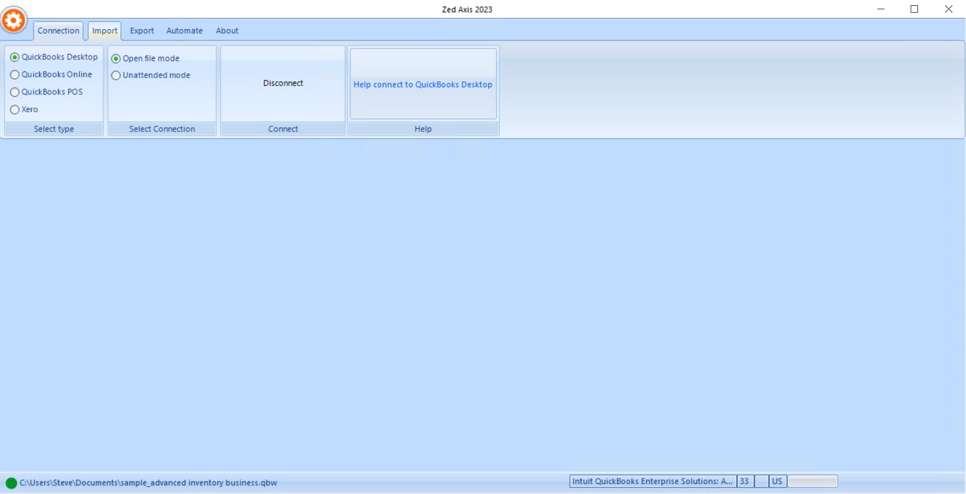 Zed Axis screenshot: Connect to QuickBooks
