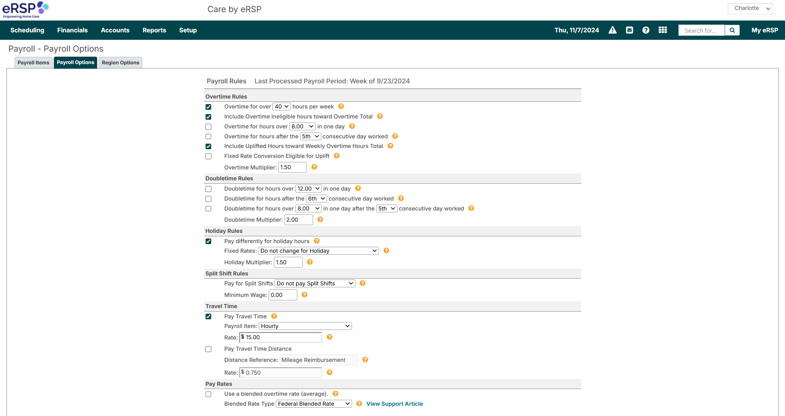 eRSP screenshot: Payroll Options