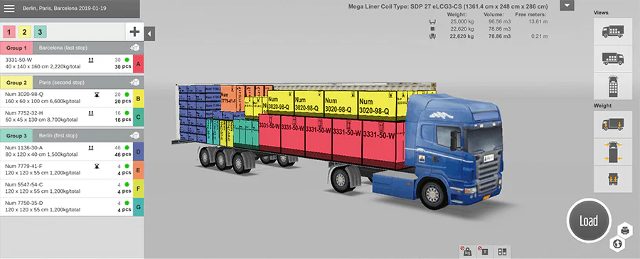 EasyCargo screenshot: EasyCargo calculates the optimal load plan concerning restrictions, weight limits, and other requirements.