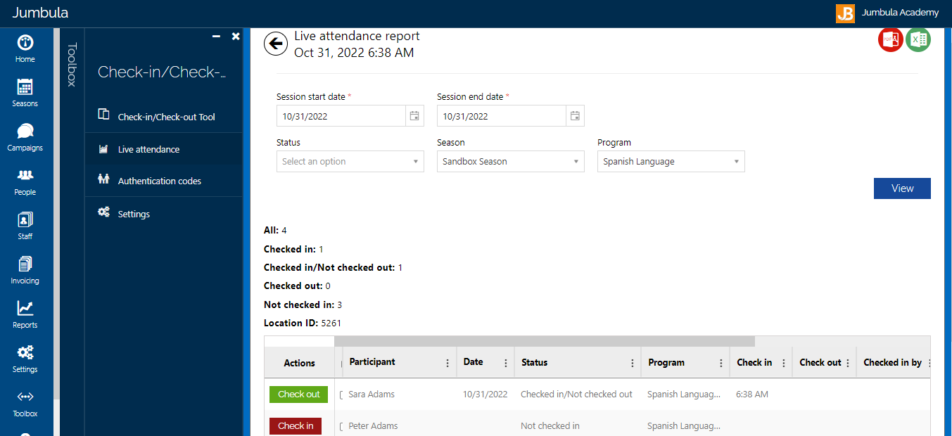 Jumbula Software - Check-in/Check-out tool: enables you to check students into a class and check them out and provides live attendance reports to track the status of students at any time.