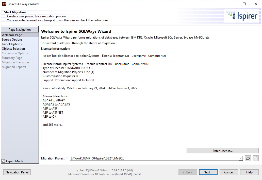 Ispirer screenshot: SQLWays Database Migration Tool Welcome Page