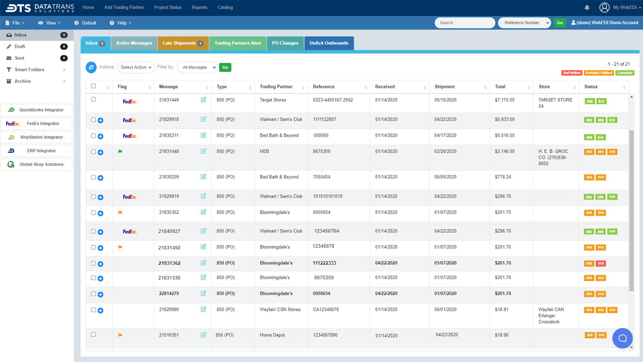 DataTrans WebEDI & eCommerce screenshot: Screenshot overview of DataTrans WebEDI Inbox.