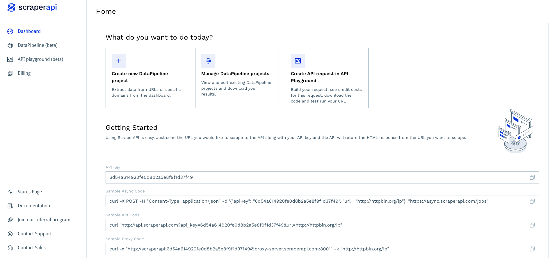 ScraperAPI dashboard billing plan upgrade screenshot