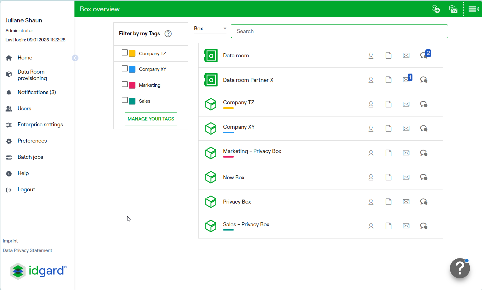 idgard screenshot: Box Overview