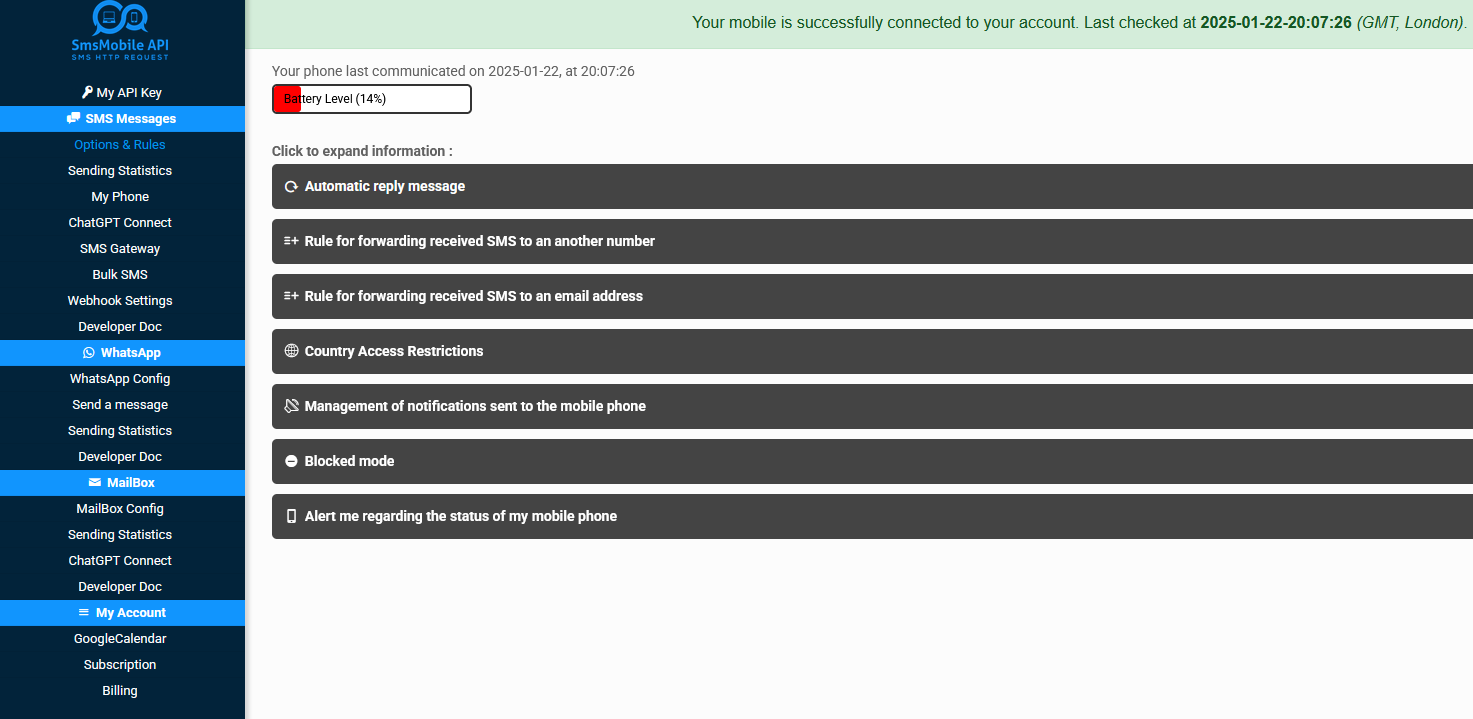 SMSMobileAPI screenshot: The SMSMobileAPI secure dashboard offers a user-friendly interface to manage your SMS services effortlessly. Monitor sent and received messages, access API keys, track usage, and configure settings in real-time. Secure, efficient.
