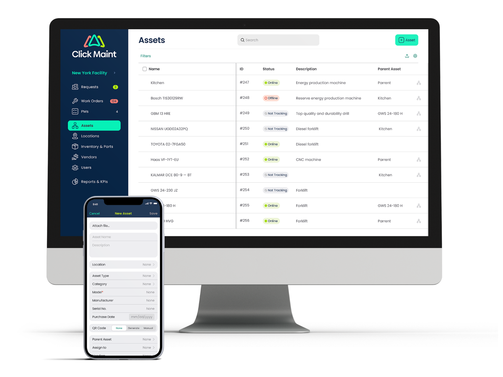 Asset List View - View and manage critical assets and equipment from an easy to use interface. Users can add new assets, updates assets and manage work orders from the Asset List view.