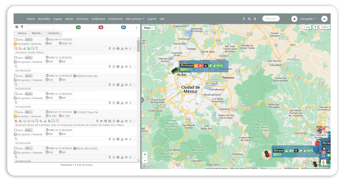 RedGPS screenshot: Plataforma de rastreo GPS en la nube, orientada al IoT. Integra video telemática, control de combustible, OBD/CAN Bus, ADAS/DMS, cadena de frío, TPMS y más. Visualiza y gráfica datos de sensores habilitados con geocoding premium y ubicación exacta.