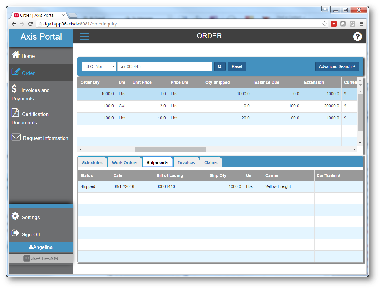 Aptean AXIS ERP Software - Order inquiry