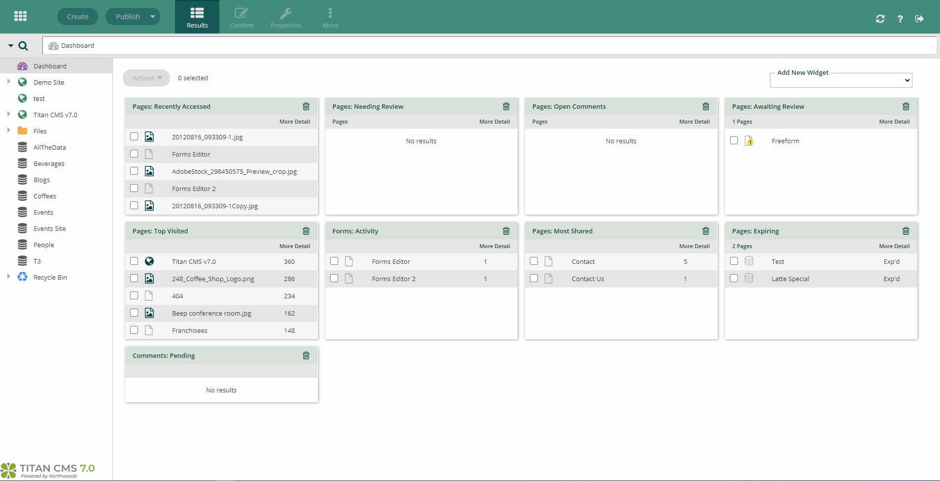 Titan CMS screenshot: Content Dashboard