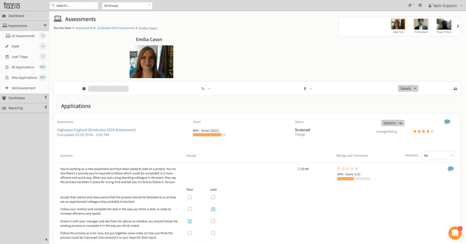 Tazio Software - Applicant profiles are created for each candidate with all assessment and application history