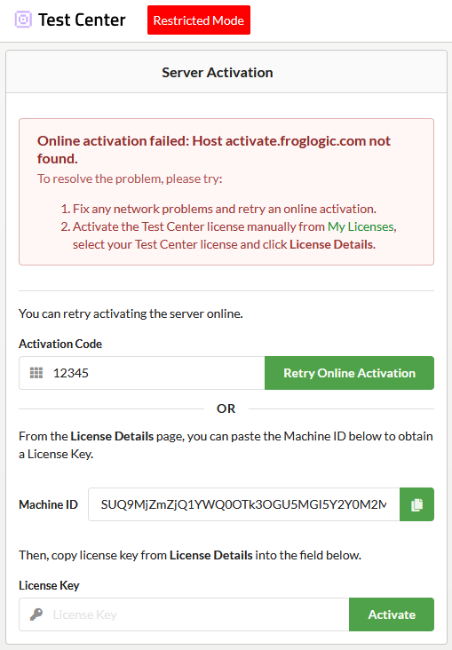 Test Center screenshot: Test Center server activation