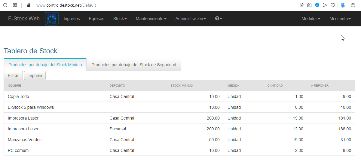 E-Stock Web screenshot: Tablero de Stock, pantalla principal