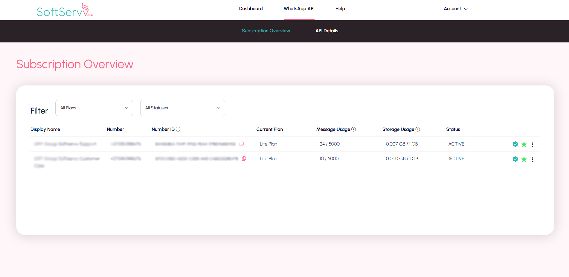 Softservv screenshot: A dashboard to manage all WhatsApp numbers connected to your account. You can view the message and storage usage for each account.