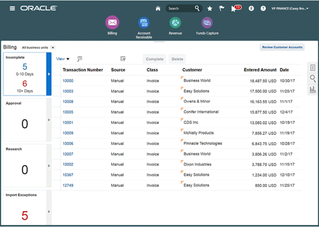 Oracle Cloud Financials screenshot: Oracle Financials Cloud billing and invoicing