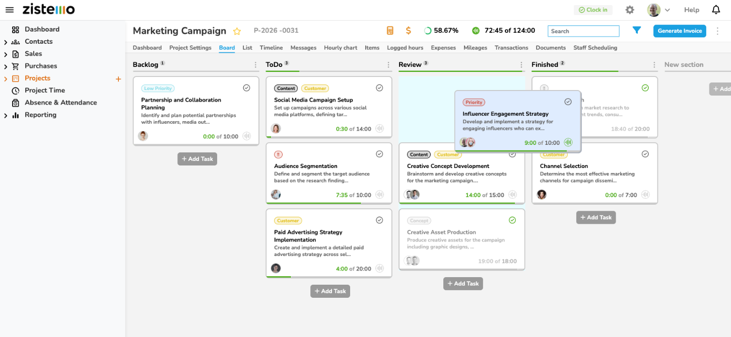 zistemo screenshot: zistemo’s Kanban boards let teams visualize tasks, track progress, assign owners, set deadlines, and manage workflows efficiently in real time.