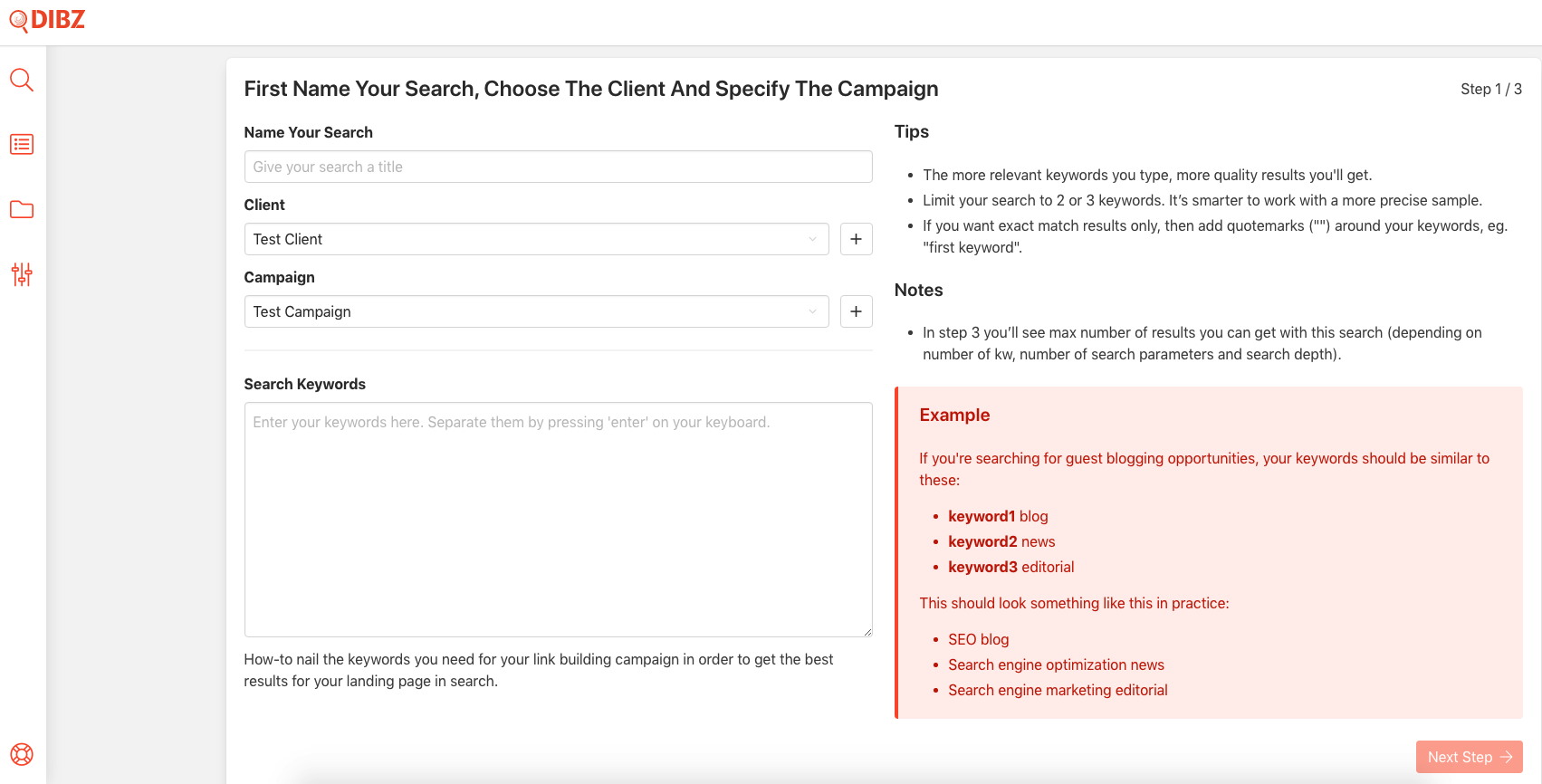 Naming Your Search, Choosing The Client And Specifying The Campaign