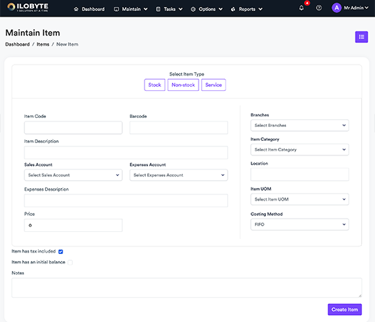IloByte screenshot: Efficiently manage diverse items with IloByte's versatile inventory system. Organize Stock, Non-stock, and Service items seamlessly. Track item codes, barcodes, descriptions, sales and expense accounts, locations, costing methods, and more.