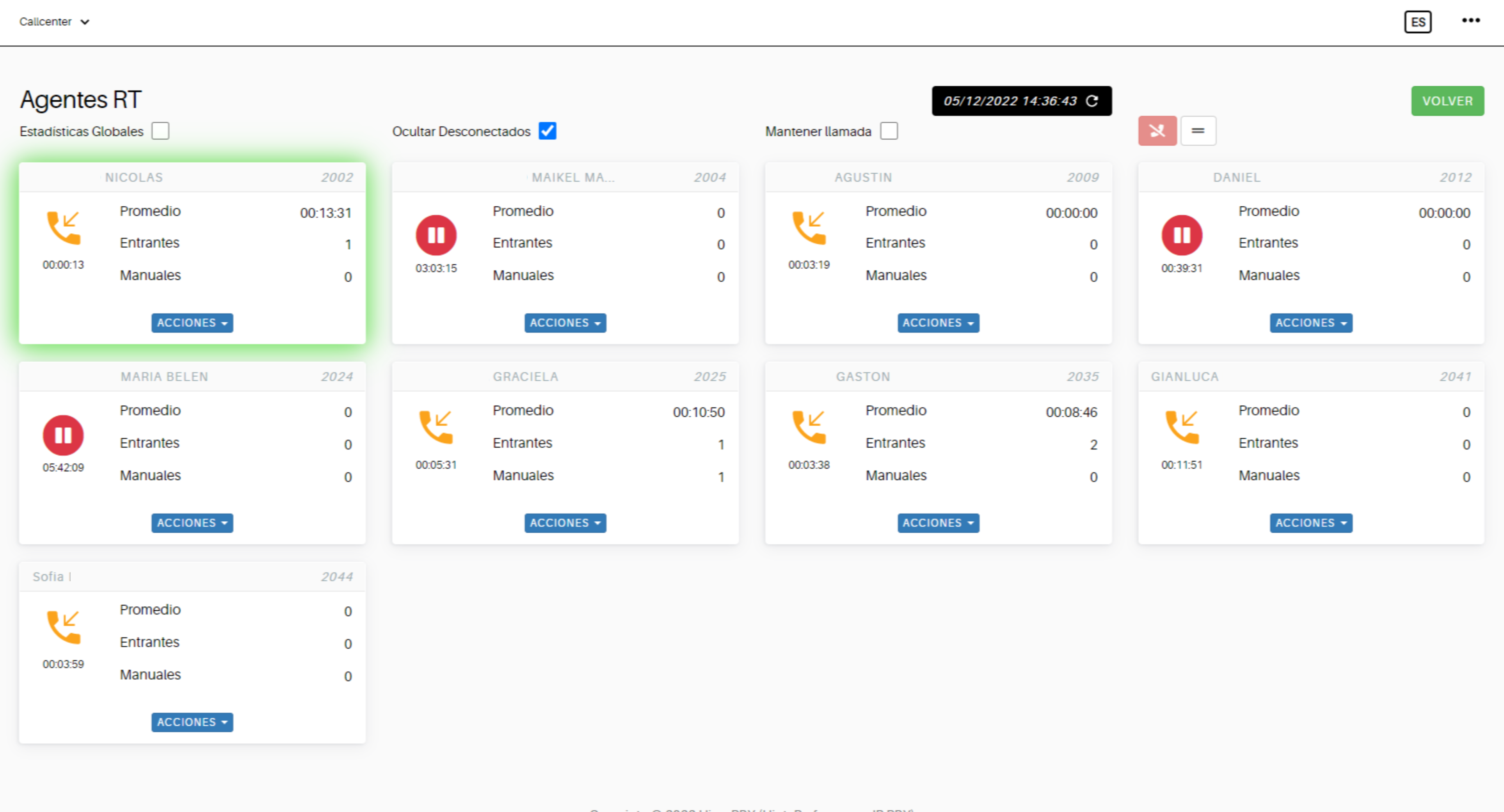 HiperMe! Software - Panel en tiempo real para Supervisores: con una interfaz visualmente atractiva y fácil de leer, este panel ofrece información en tiempo real sobre el estado de las interacciones, la productividad de los agentes y permitiendo realizar acciones.