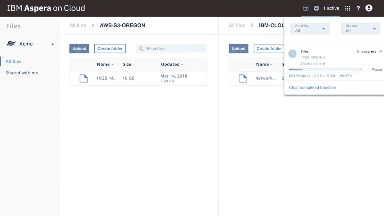 IBM Aspera screenshot: File sharing