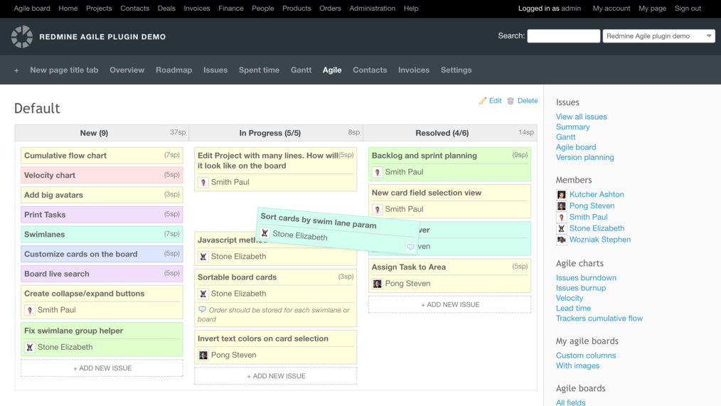 RedmineUP screenshot: Agile board with drag& drop functionality designed for Scrum/Kanban/Waterfall/Devops/Mixed methodologies