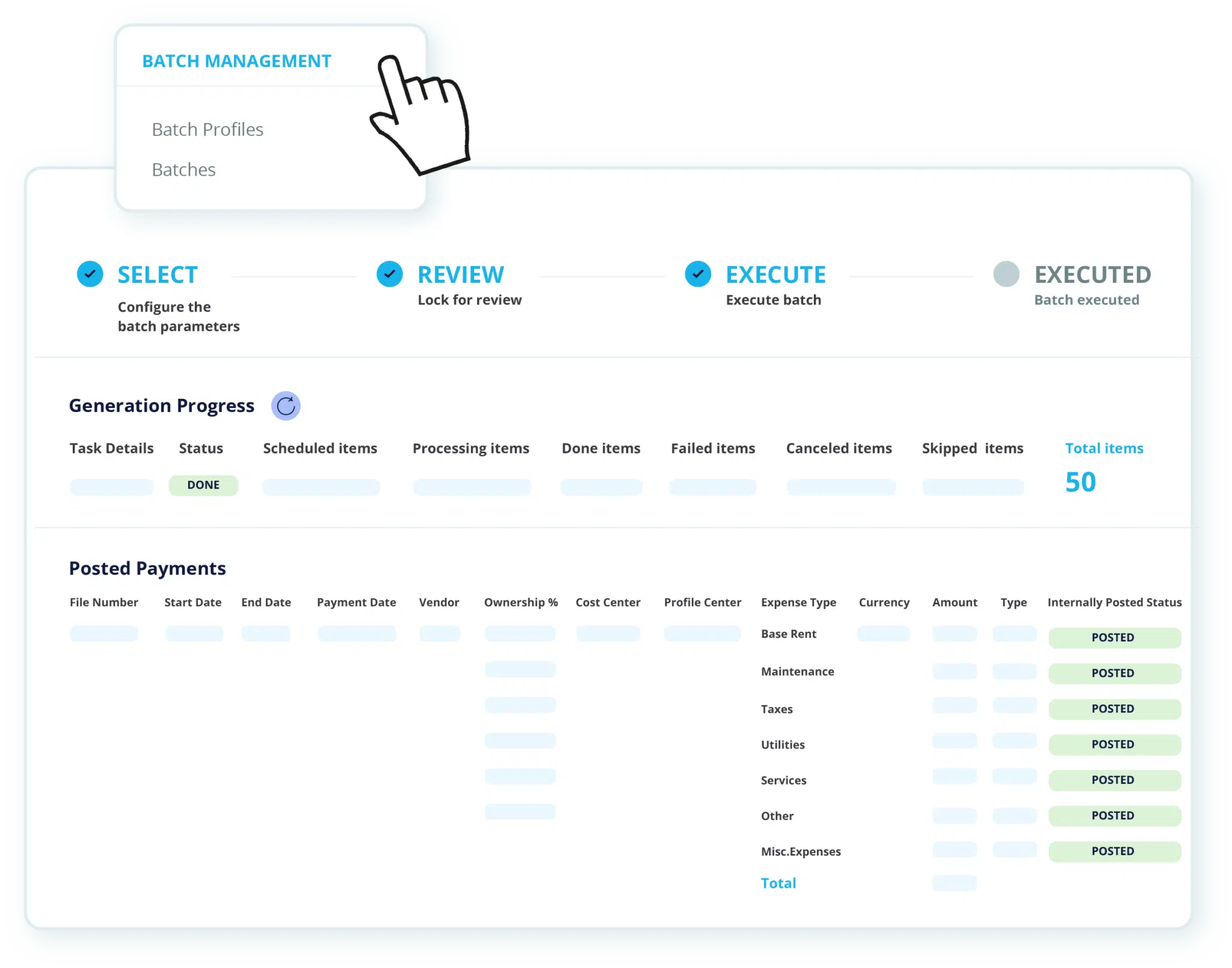 Save your team's time with mass operations and batch payments. Select or filter the leases you want to work with and perform mass operations like mass creation, termination, renewal, CPI indexation, contract uploads, and revision 