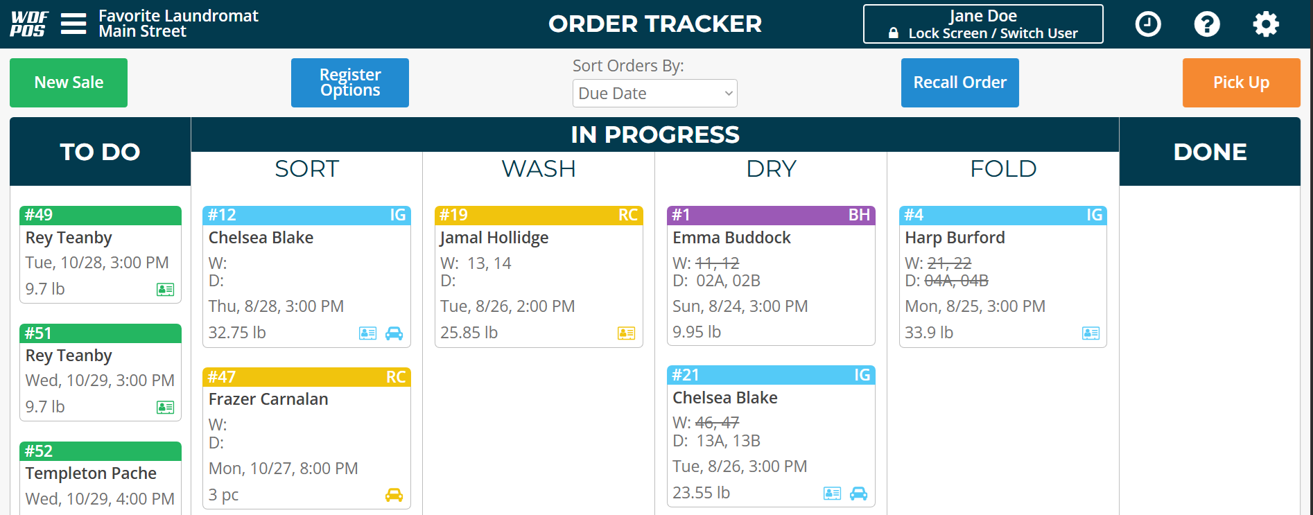 Wash-Dry-Fold POS screenshot: Wash-Dry-Fold POS order tracker