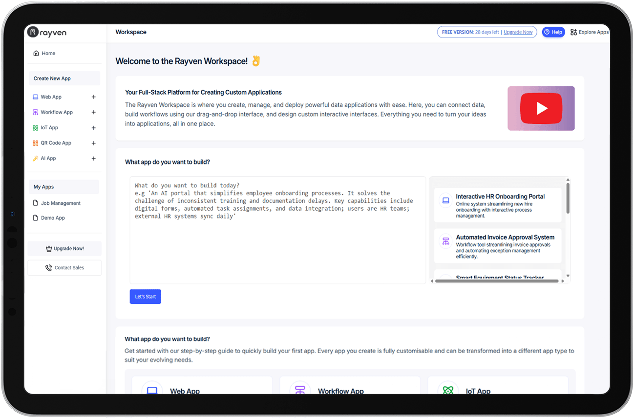 Rayven screenshot: Build apps using prompts, templates, drag-and-drop, or code. Faster. Simpler. More affordable.