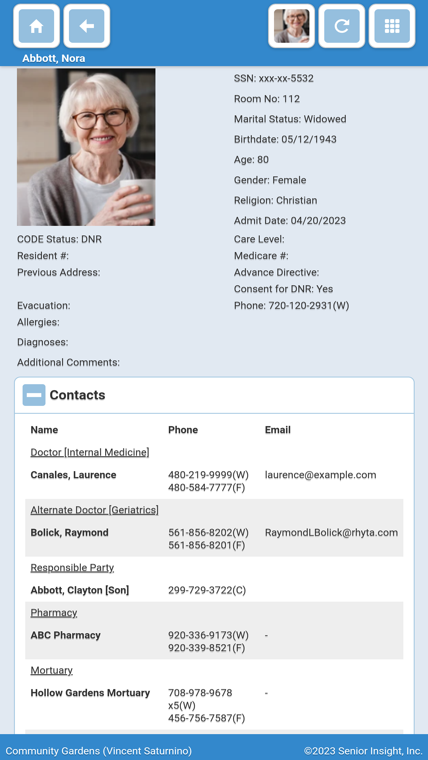 Resident details (mobile app - available any place with the correct permissions)