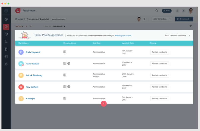 Freshteam Software - Search the talent pool suggestions of archived resumes to find suitable candidates for a new role