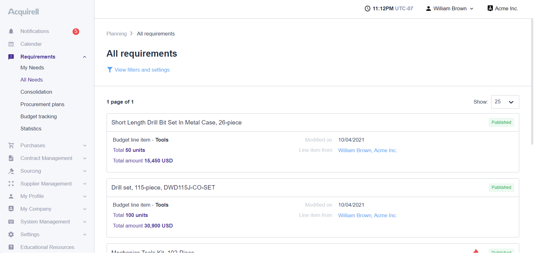 Acquirell screenshot: Collect purchase requisitions from all departments and employees. Fast, easy, and effortless aggregation of identical requisitions. Approvals by different persons depending on the amount or other criteria.