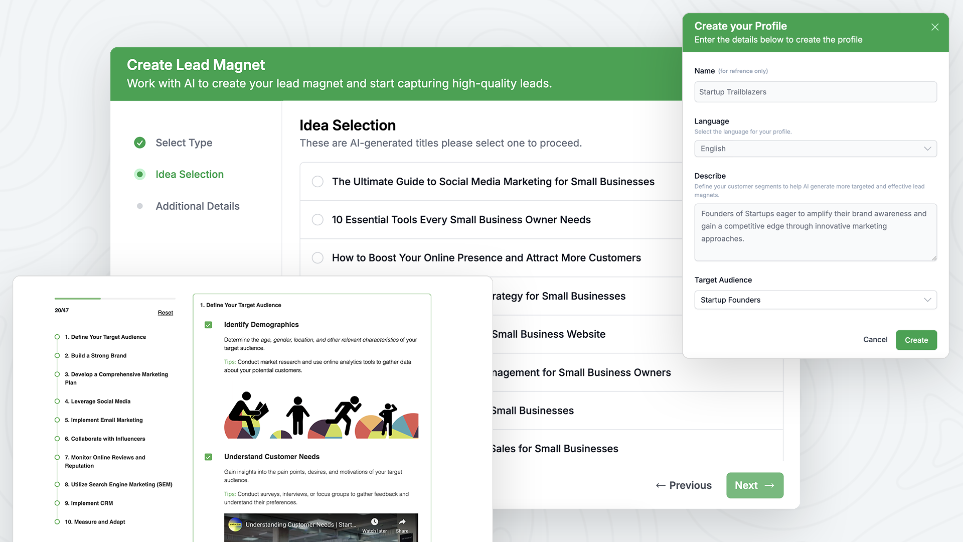 Generate lead magnets from mini-courses to listicles, with Grawt's AI Studio