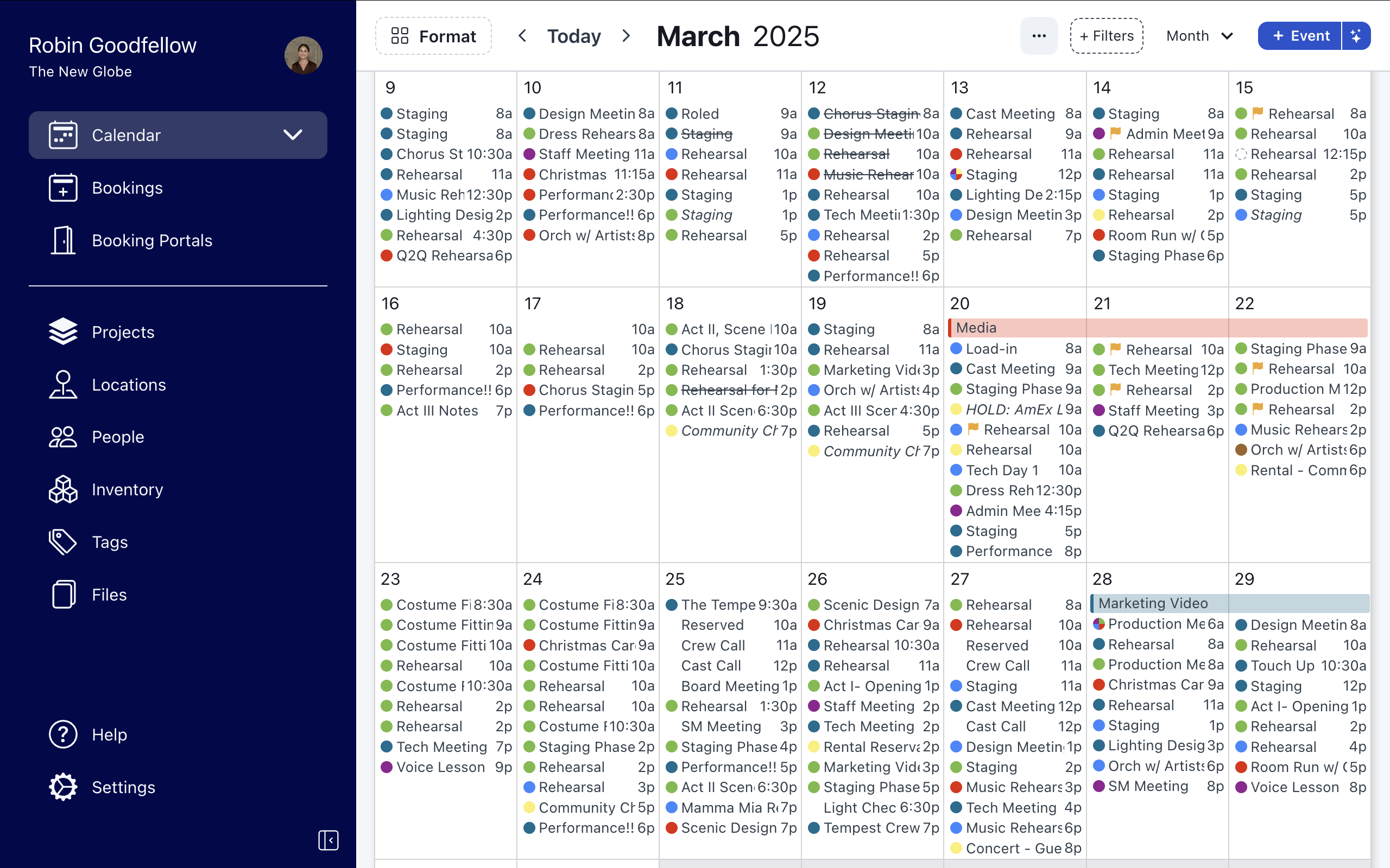 Prospero Software - Month calendar layout, colored by project